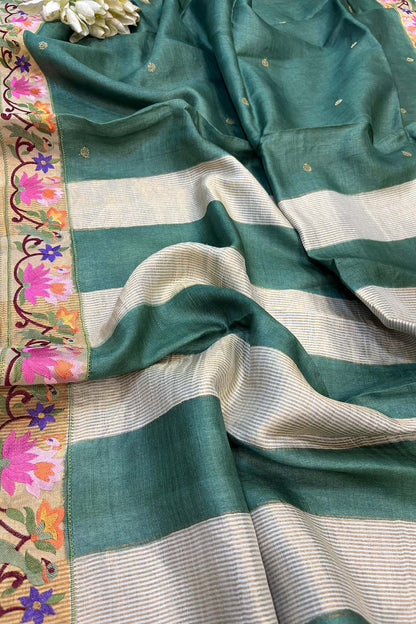Green Paithani Embroidered Border Pure Tussar Silk Flower Design Saree - Luxurion World