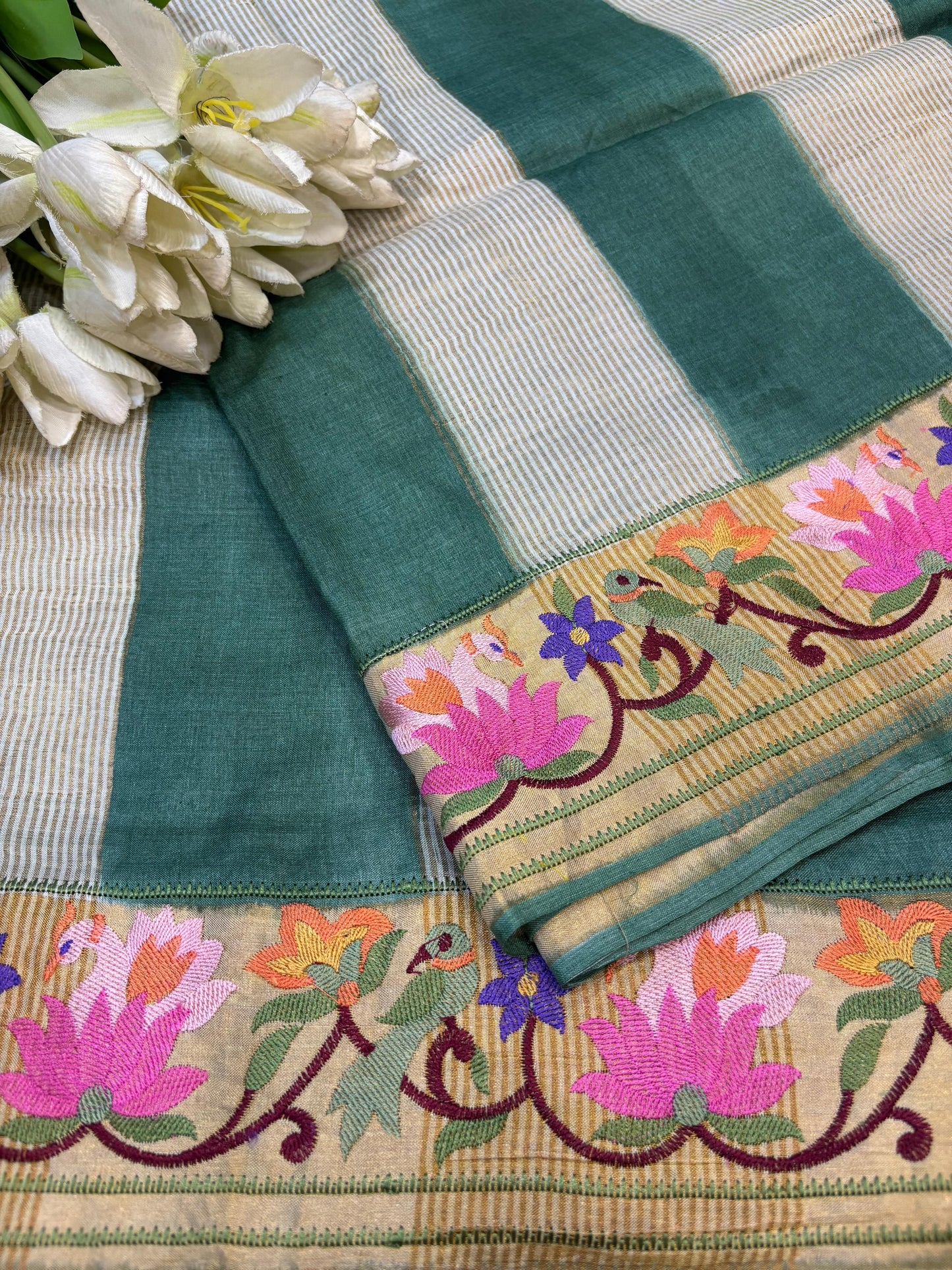 Green Paithani Embroidered Border Pure Tussar Silk Flower Design Saree - Luxurion World