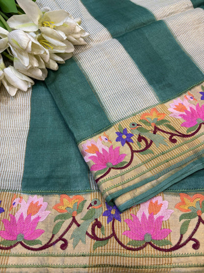 Green Paithani Embroidered Border Pure Tussar Silk Flower Design Saree - Luxurion World