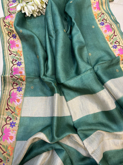 Green Paithani Embroidered Border Pure Tussar Silk Flower Design Saree - Luxurion World