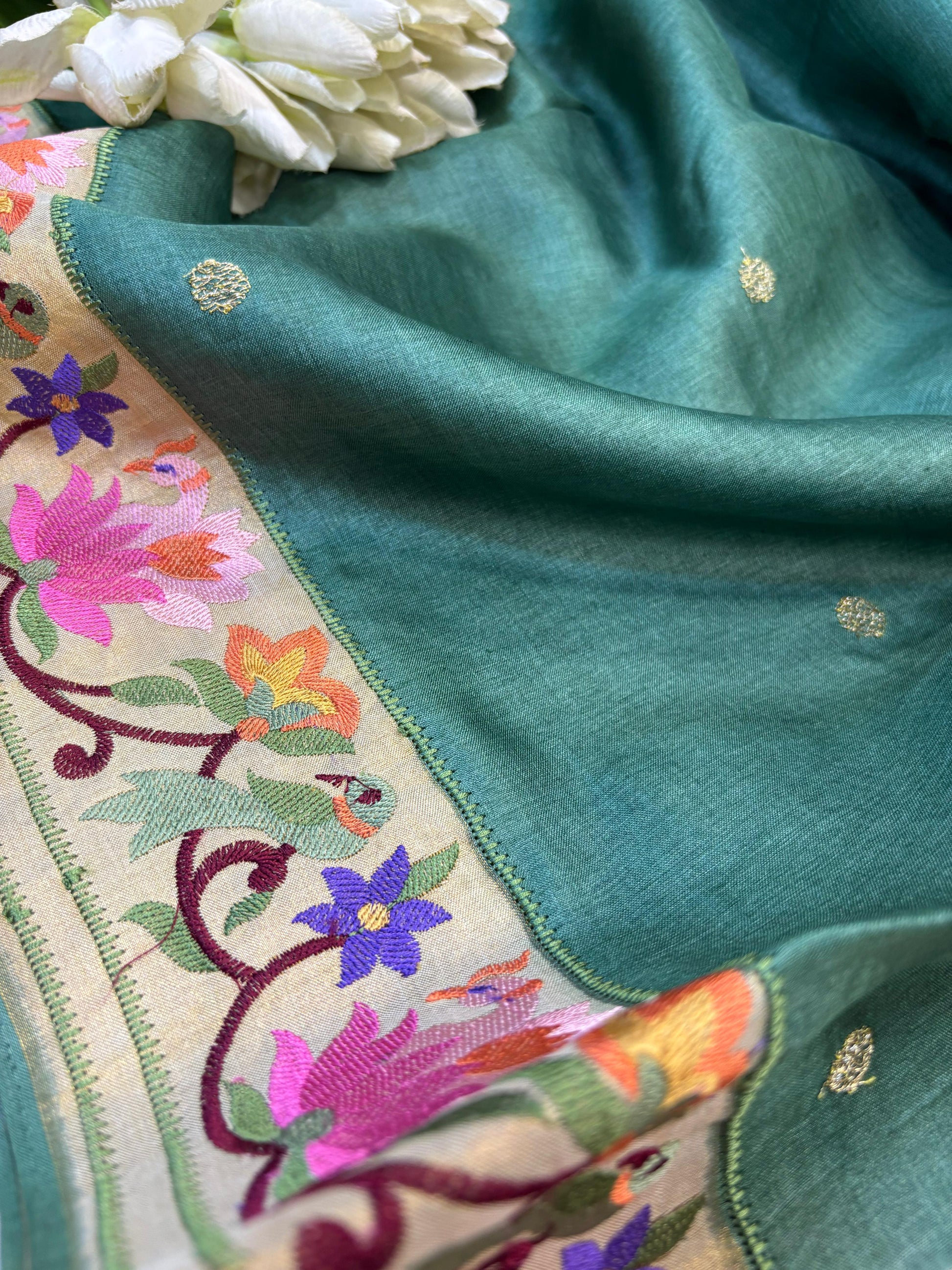 Green Paithani Embroidered Border Pure Tussar Silk Flower Design Saree - Luxurion World