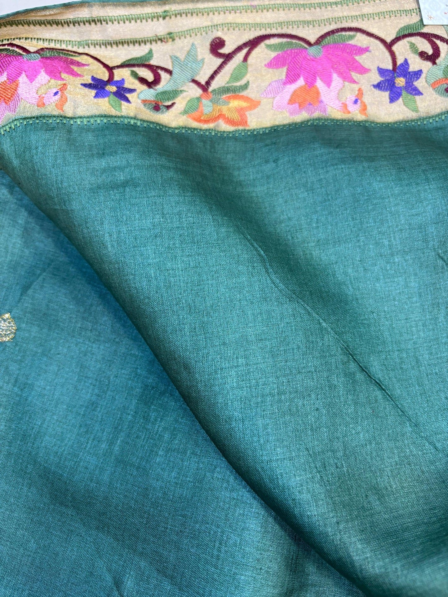 Green Paithani Embroidered Border Pure Tussar Silk Flower Design Saree - Luxurion World