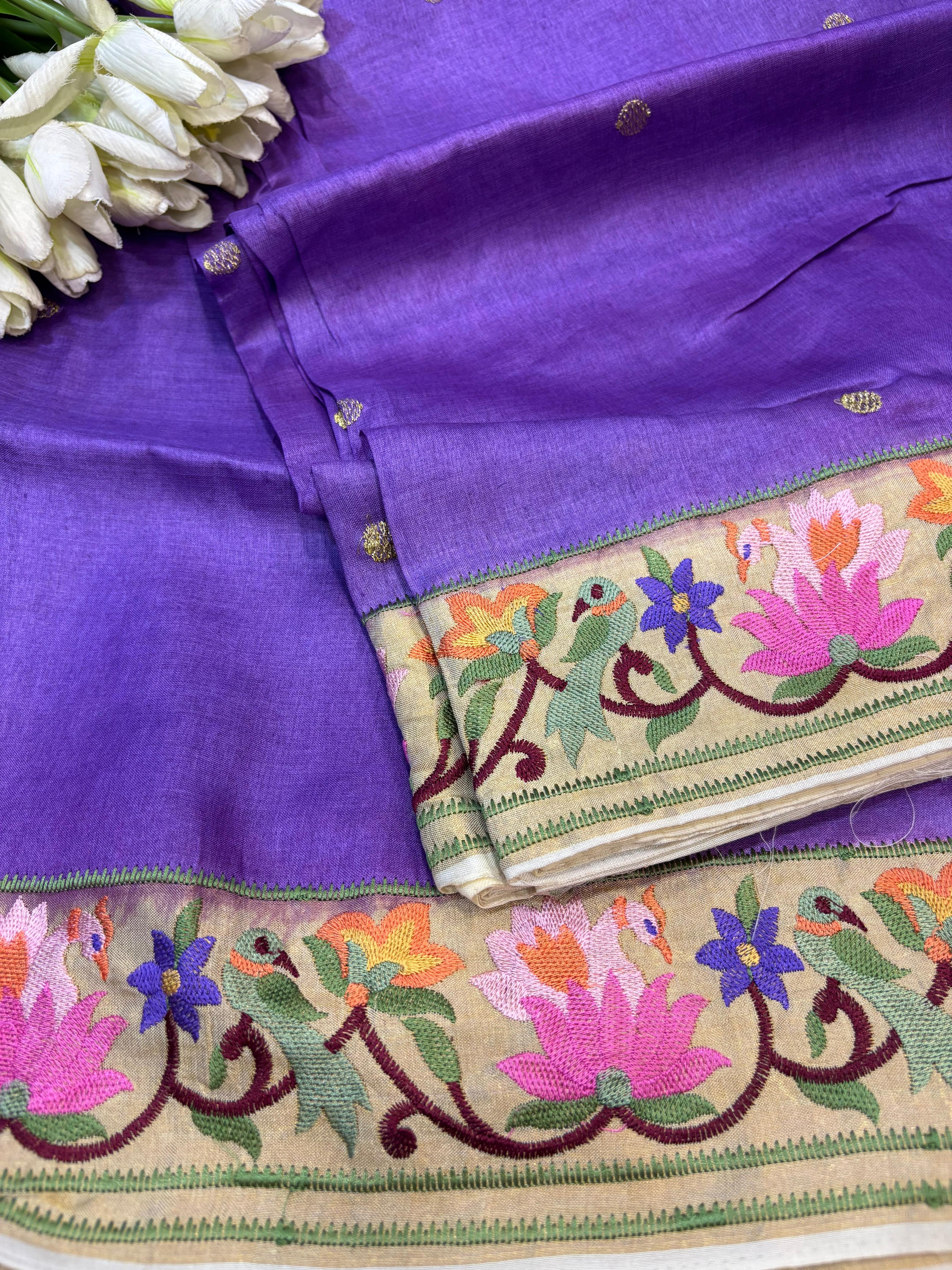 Purple Paithani Embroidered Border Pure Tussar Silk Flower Design Saree - Luxurion World
