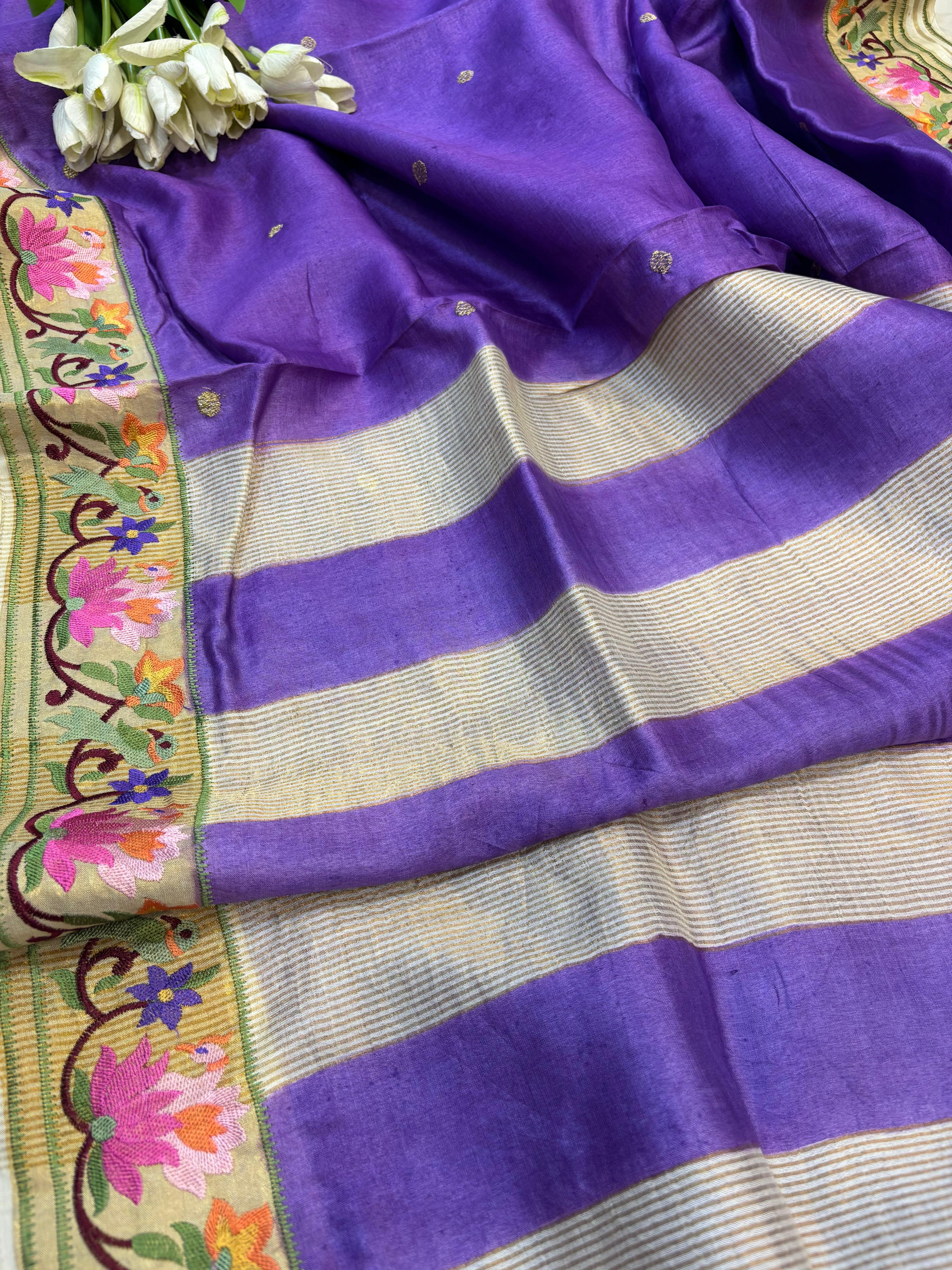 Purple Paithani Embroidered Border Pure Tussar Silk Flower Design Saree - Luxurion World