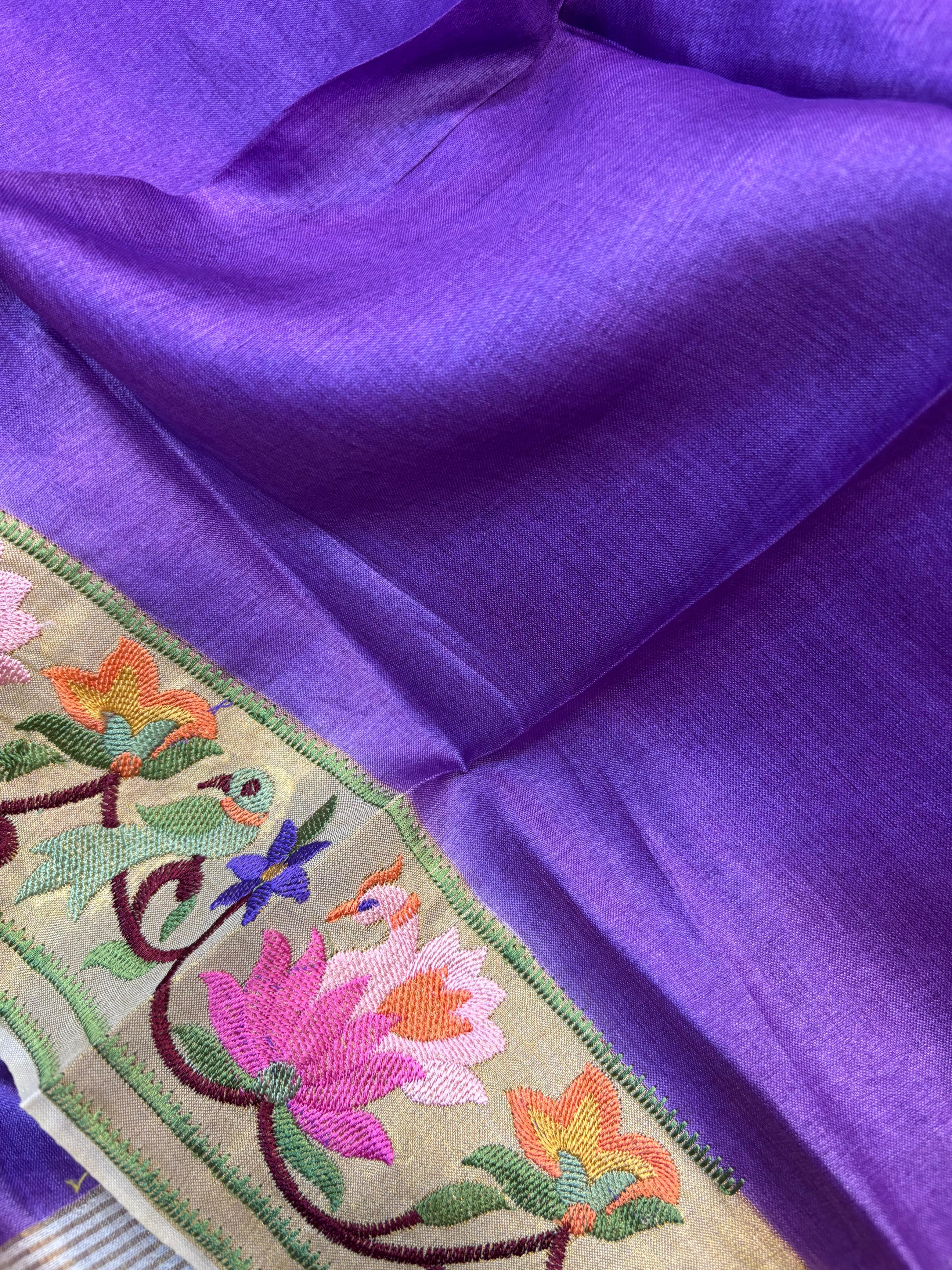 Purple Paithani Embroidered Border Pure Tussar Silk Flower Design Saree - Luxurion World