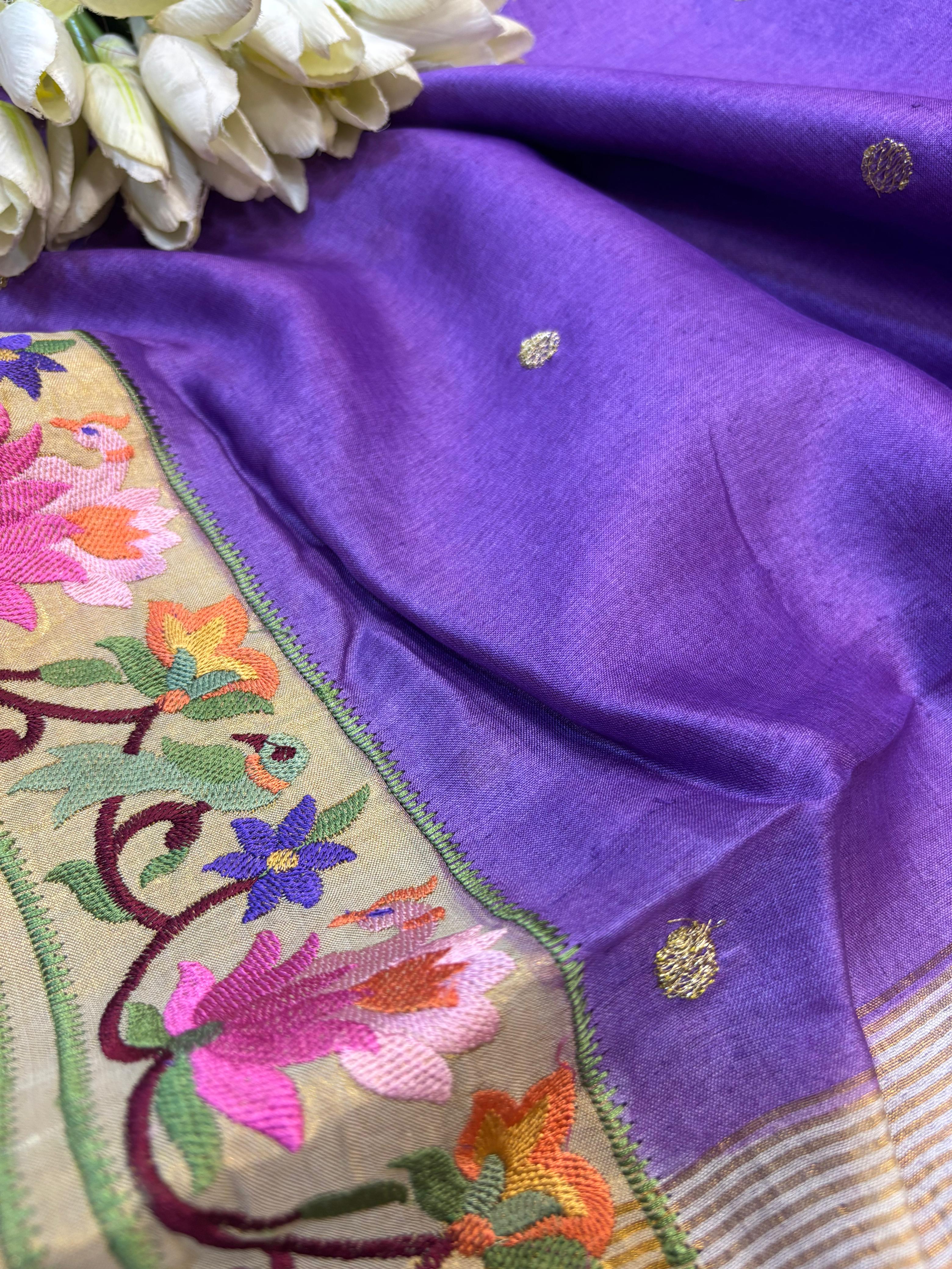 Purple Paithani Embroidered Border Pure Tussar Silk Flower Design Saree - Luxurion World