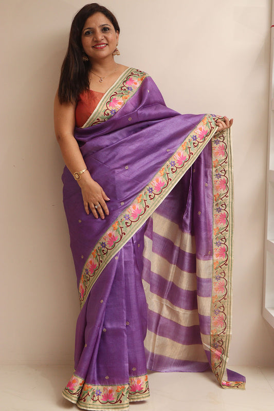 Purple Paithani Embroidered Border Pure Tussar Silk Flower Design Saree - Luxurion World