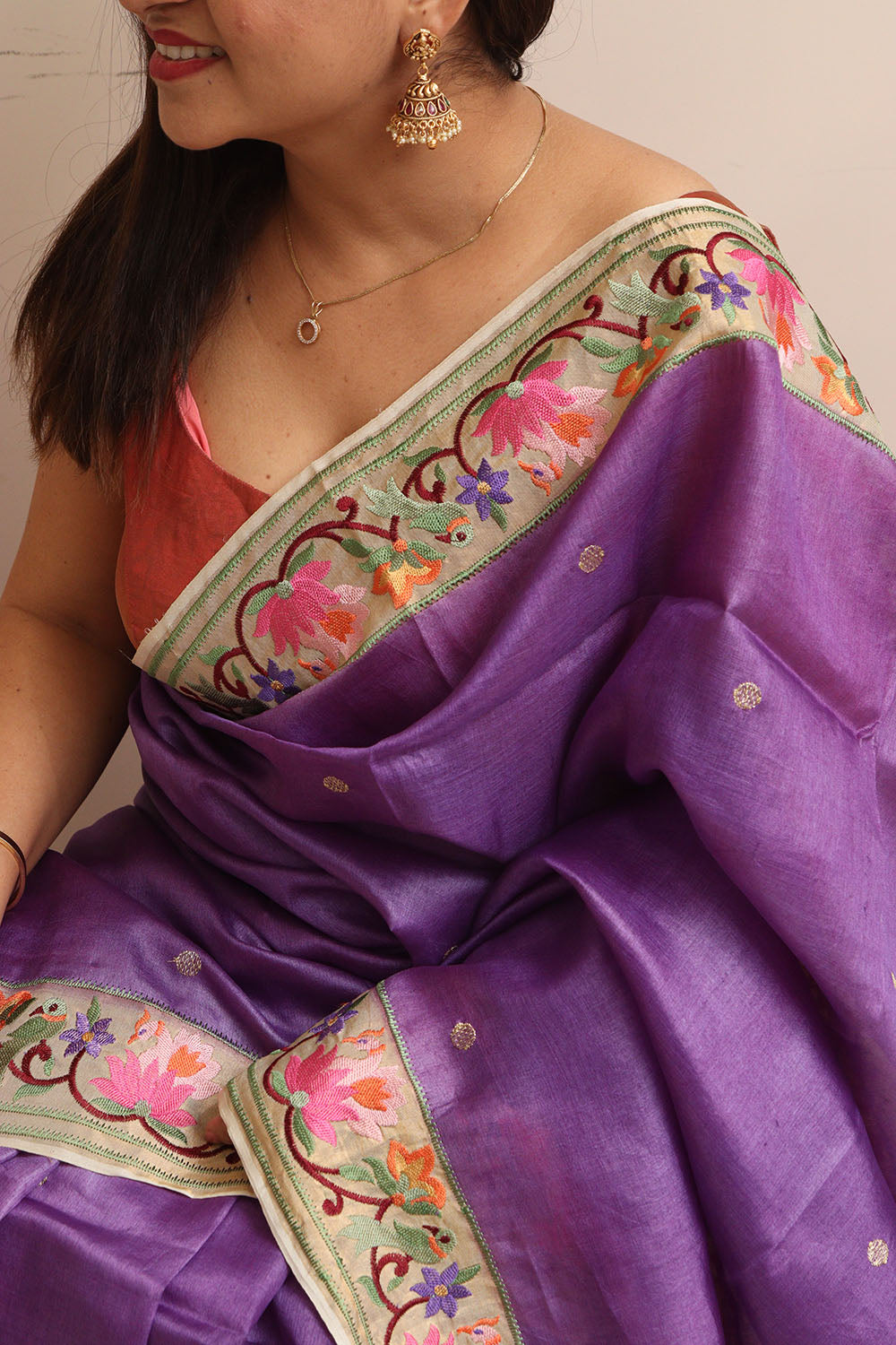 Purple Paithani Embroidered Border Pure Tussar Silk Flower Design Saree - Luxurion World