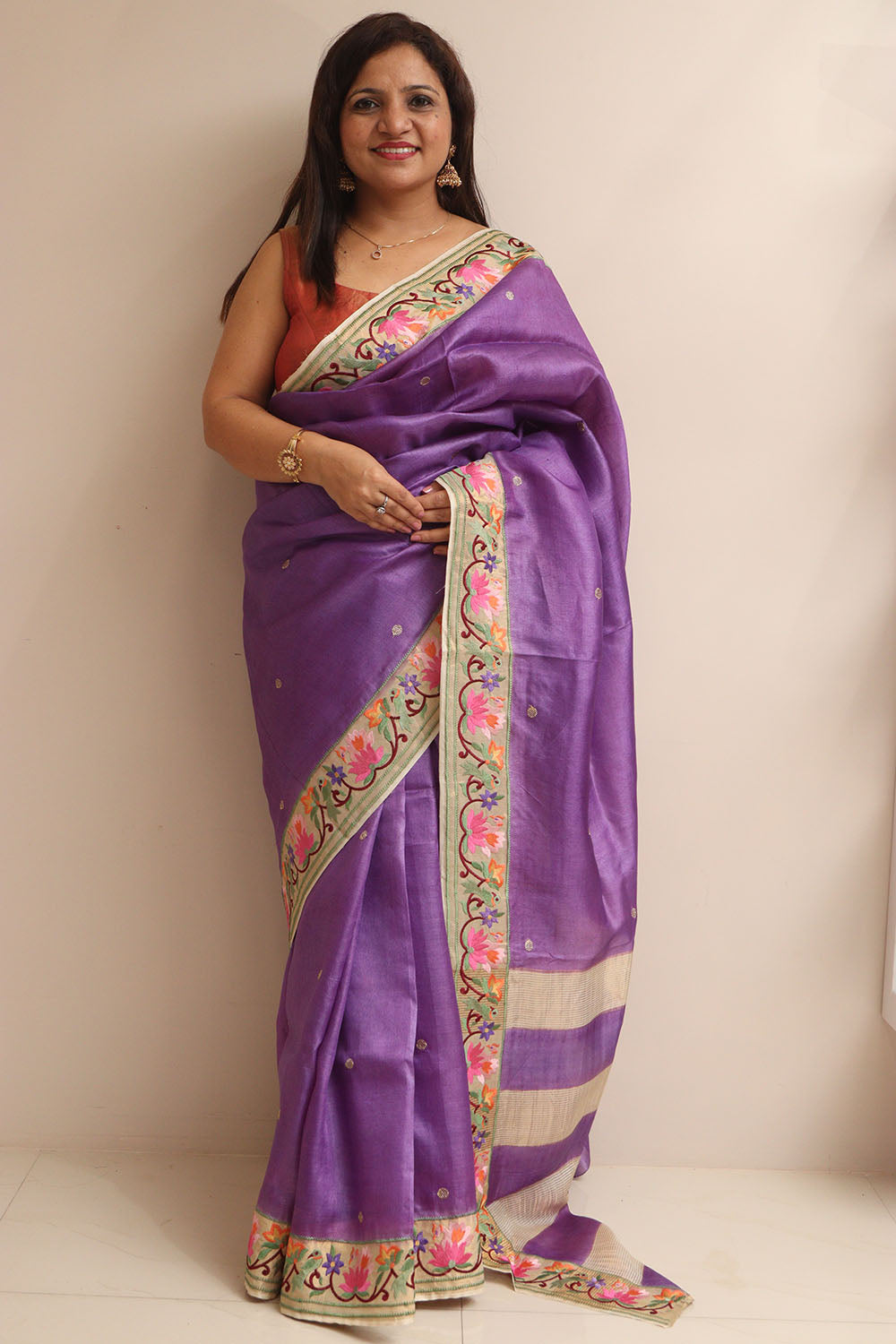 Purple Paithani Embroidered Border Pure Tussar Silk Flower Design Saree - Luxurion World