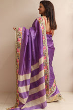 Purple Paithani Embroidered Border Pure Tussar Silk Flower Design Saree - Luxurion World