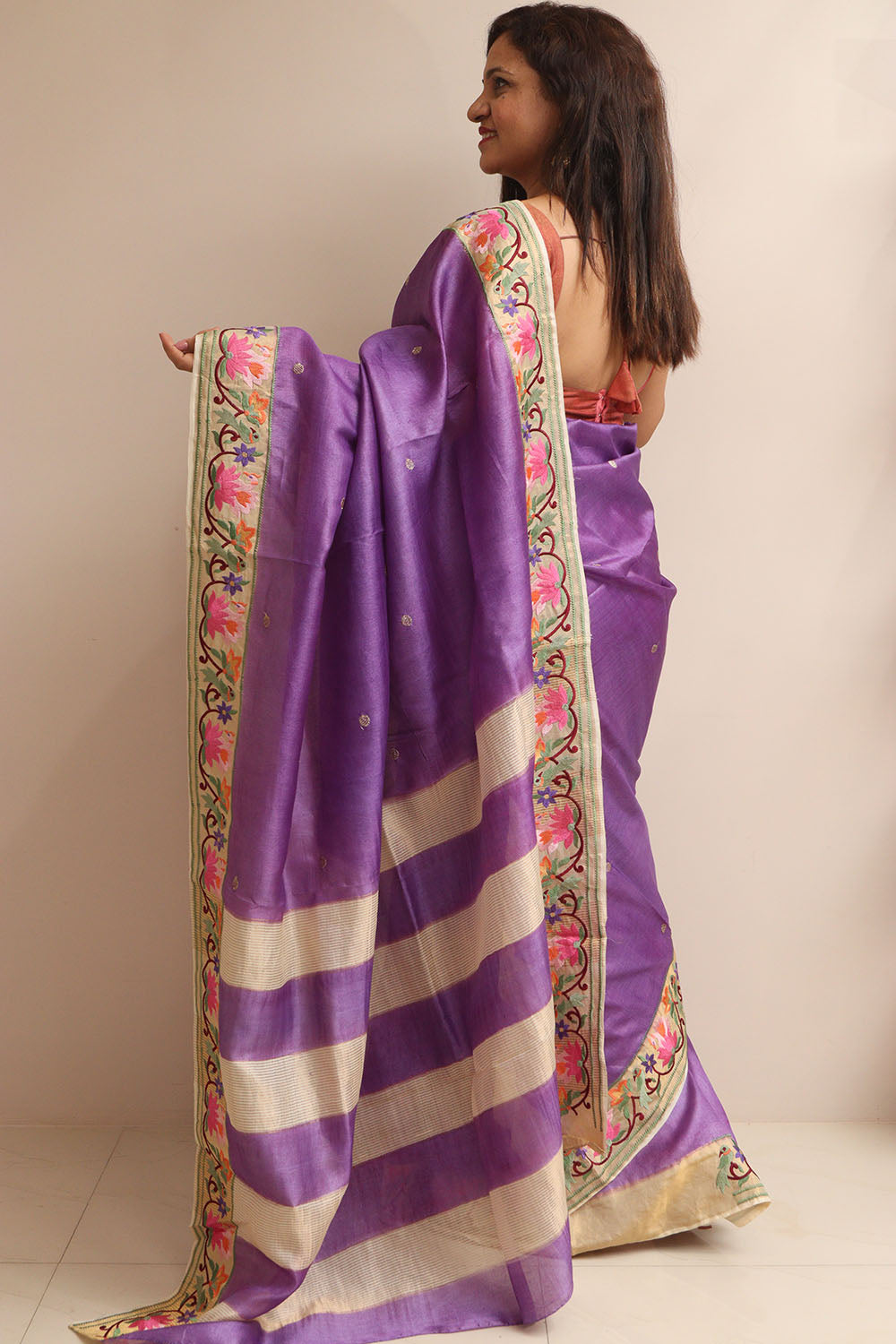 Purple Paithani Embroidered Border Pure Tussar Silk Flower Design Saree - Luxurion World
