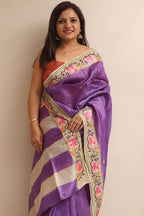 Purple Paithani Embroidered Border Pure Tussar Silk Flower Design Saree - Luxurion World