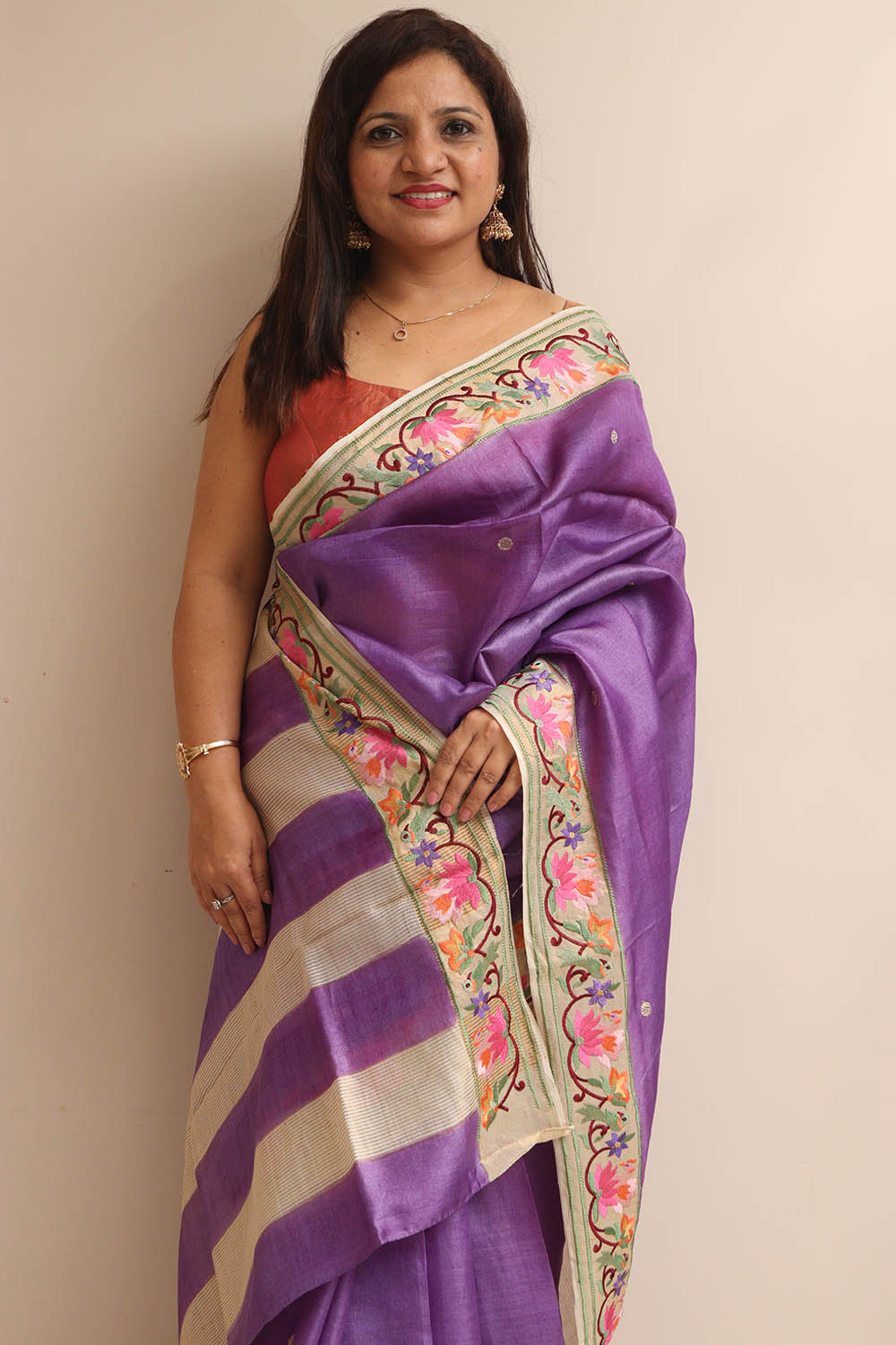 Purple Paithani Embroidered Border Pure Tussar Silk Flower Design Saree - Luxurion World
