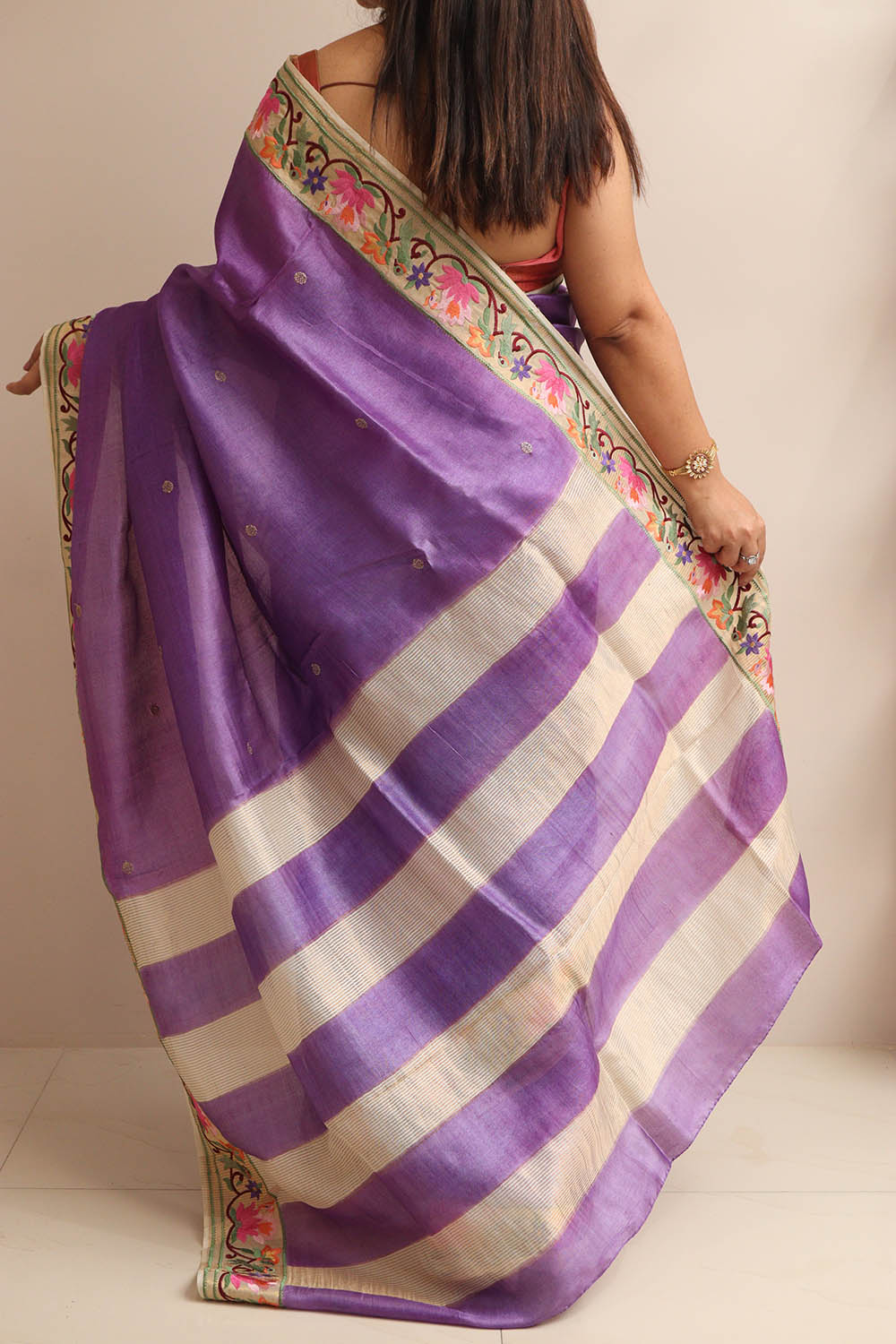 Purple Paithani Embroidered Border Pure Tussar Silk Flower Design Saree - Luxurion World