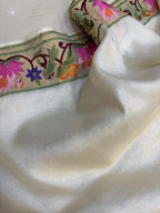 Off White Paithani Embroidered Border Pure Tussar Silk Flower Design Saree - Luxurion World