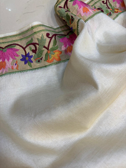 Off White Paithani Embroidered Border Pure Tussar Silk Flower Design Saree - Luxurion World