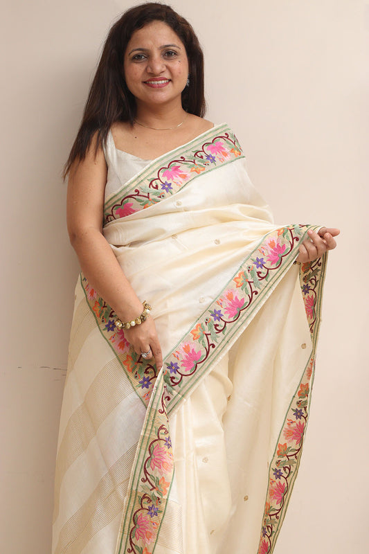 Off White Paithani Embroidered Border Pure Tussar Silk Flower Design Saree - Luxurion World