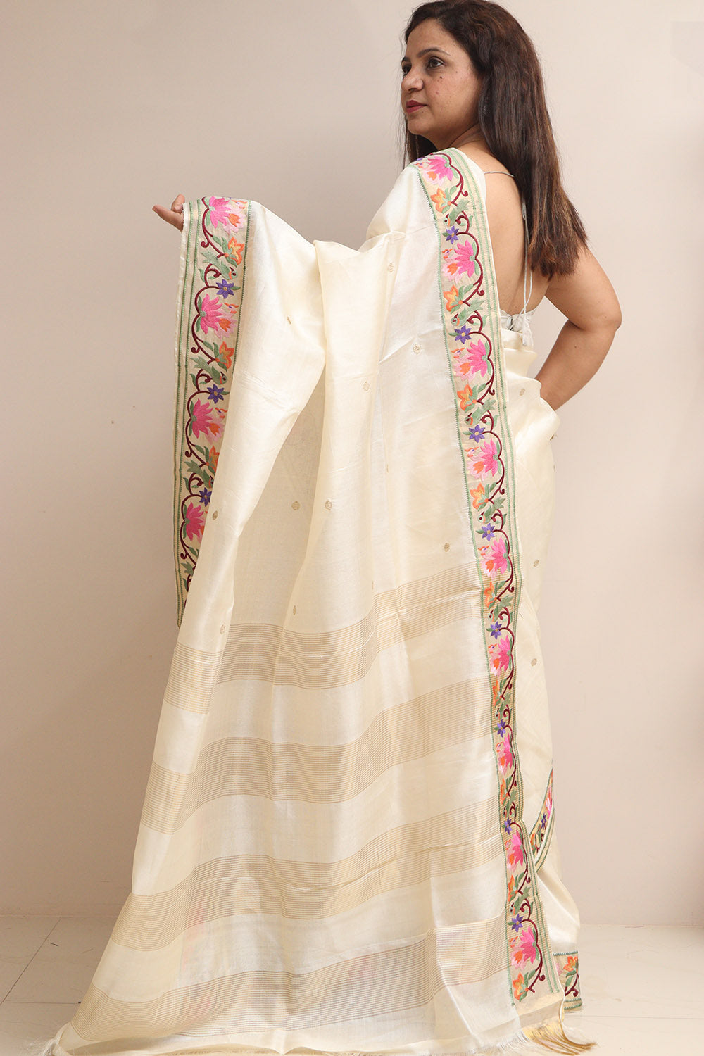 Off White Paithani Embroidered Border Pure Tussar Silk Flower Design Saree - Luxurion World