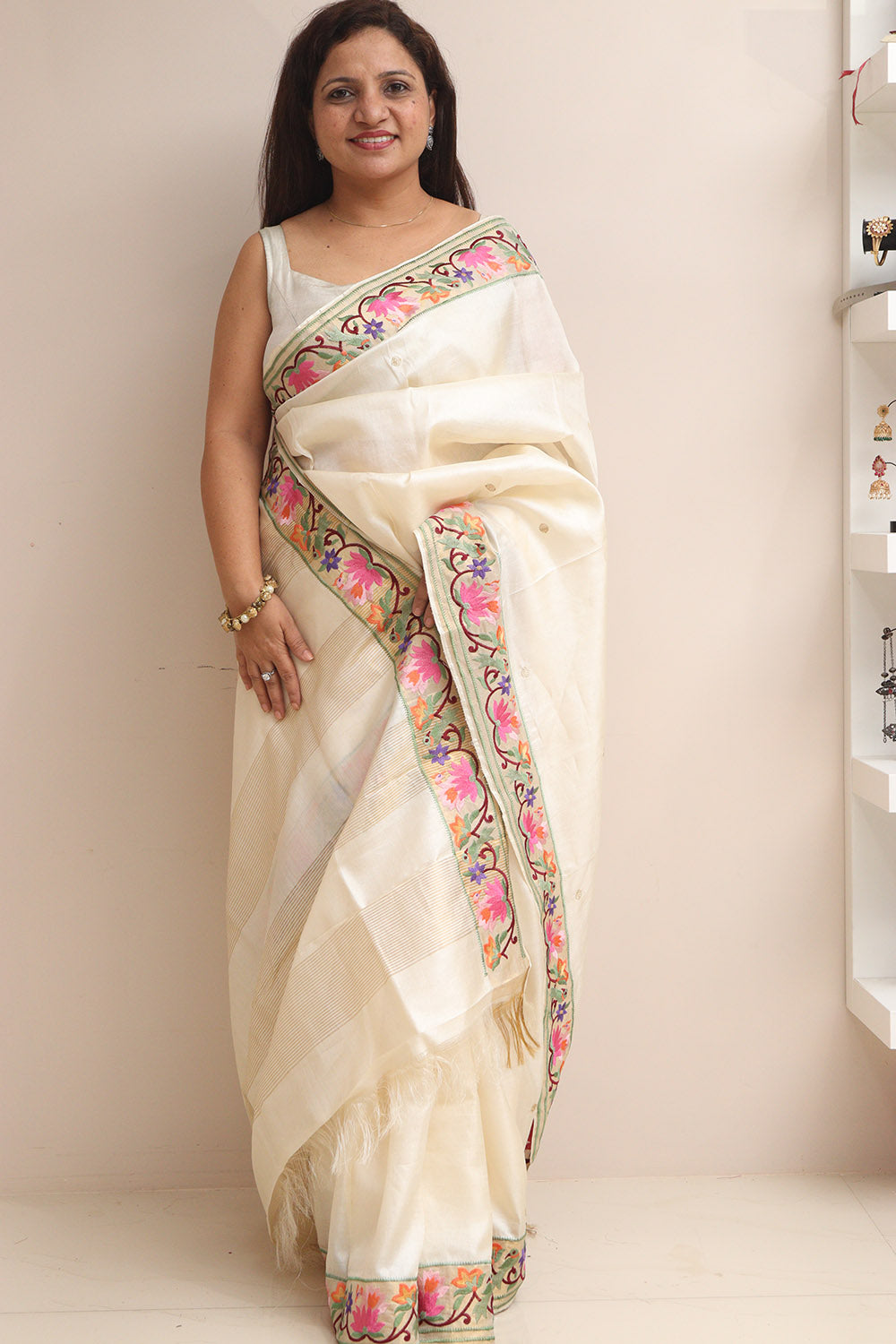 Off White Paithani Embroidered Border Pure Tussar Silk Flower Design Saree - Luxurion World