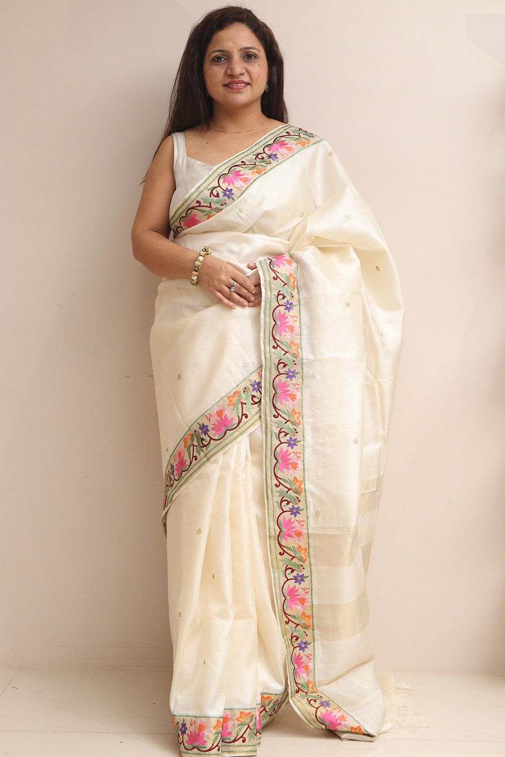 Off White Paithani Embroidered Border Pure Tussar Silk Flower Design Saree - Luxurion World