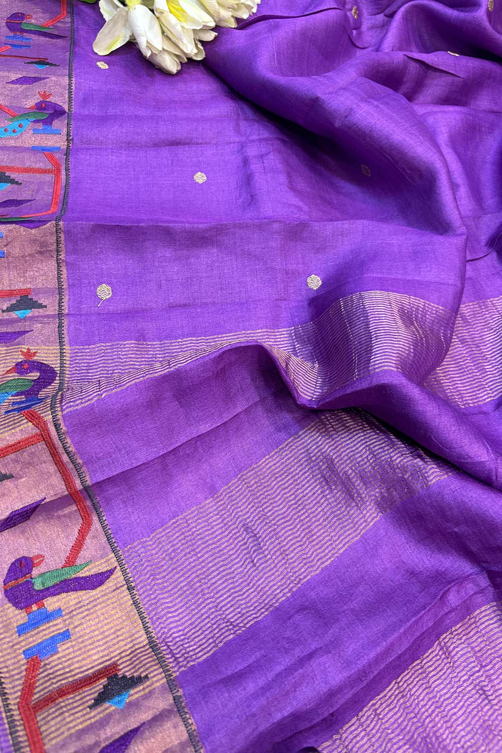 Purple Paithani Border Pure Tussar Silk Peacock Design Saree - Luxurion World