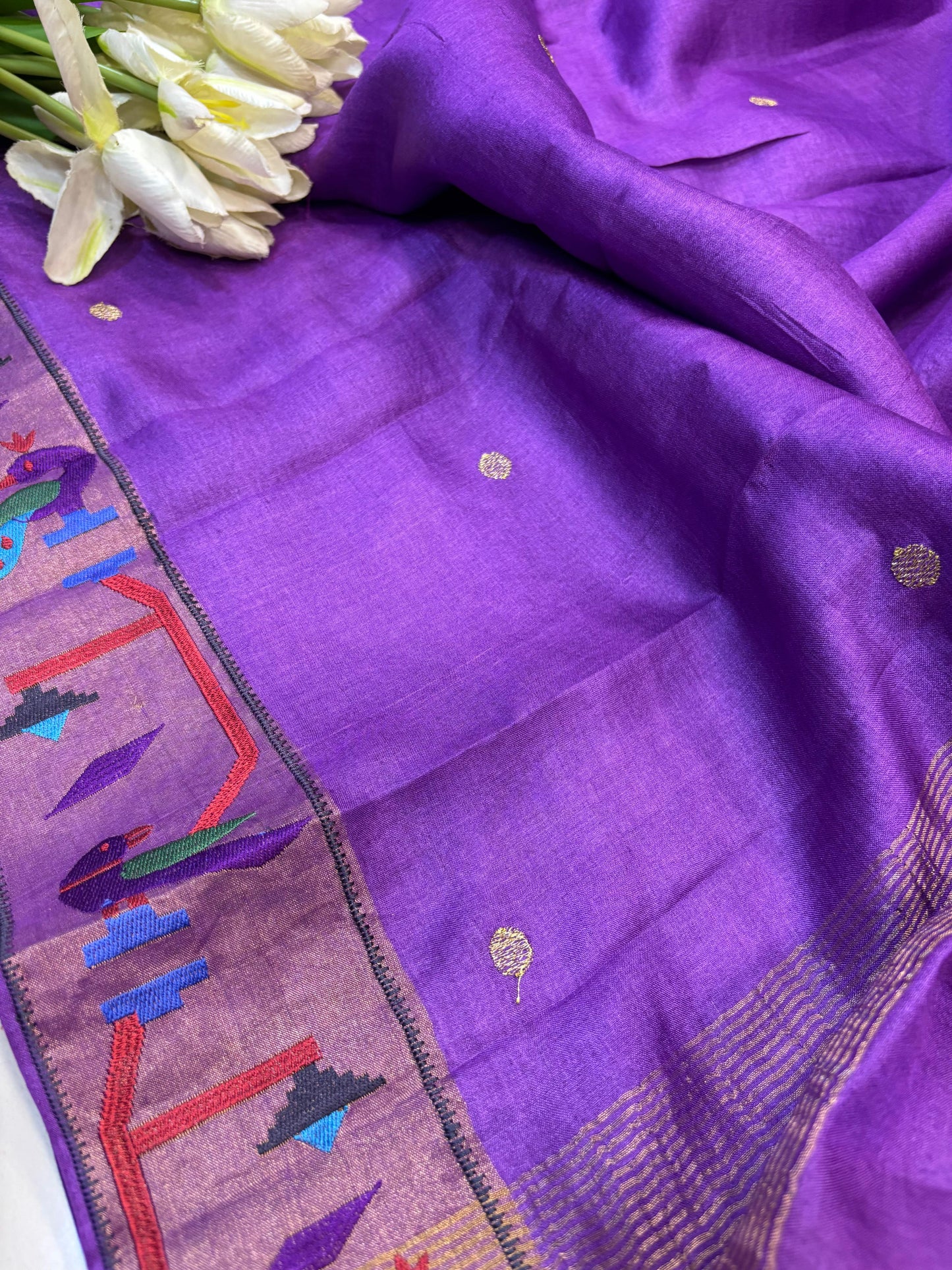 Purple Paithani Border Pure Tussar Silk Peacock Design Saree - Luxurion World