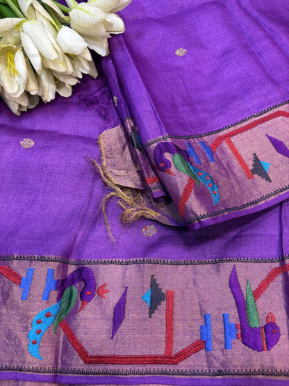 Purple Paithani Border Pure Tussar Silk Peacock Design Saree - Luxurion World