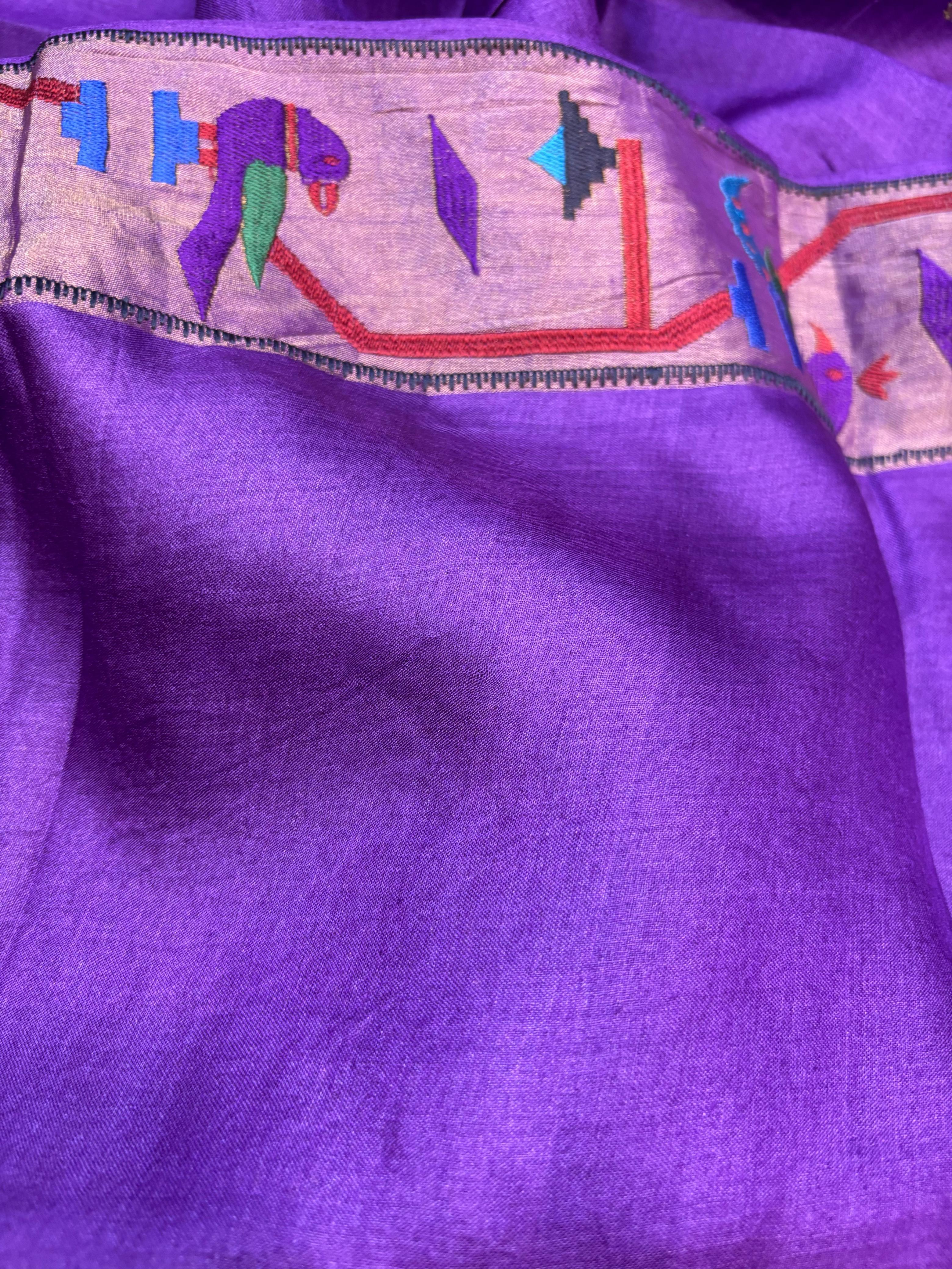 Purple Paithani Border Pure Tussar Silk Peacock Design Saree - Luxurion World