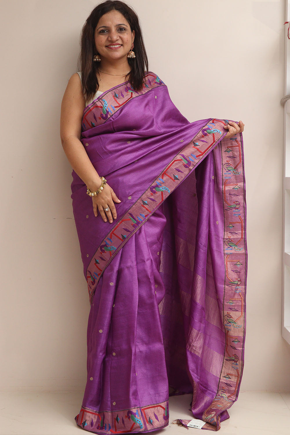 Purple Paithani Border Pure Tussar Silk Peacock Design Saree - Luxurion World