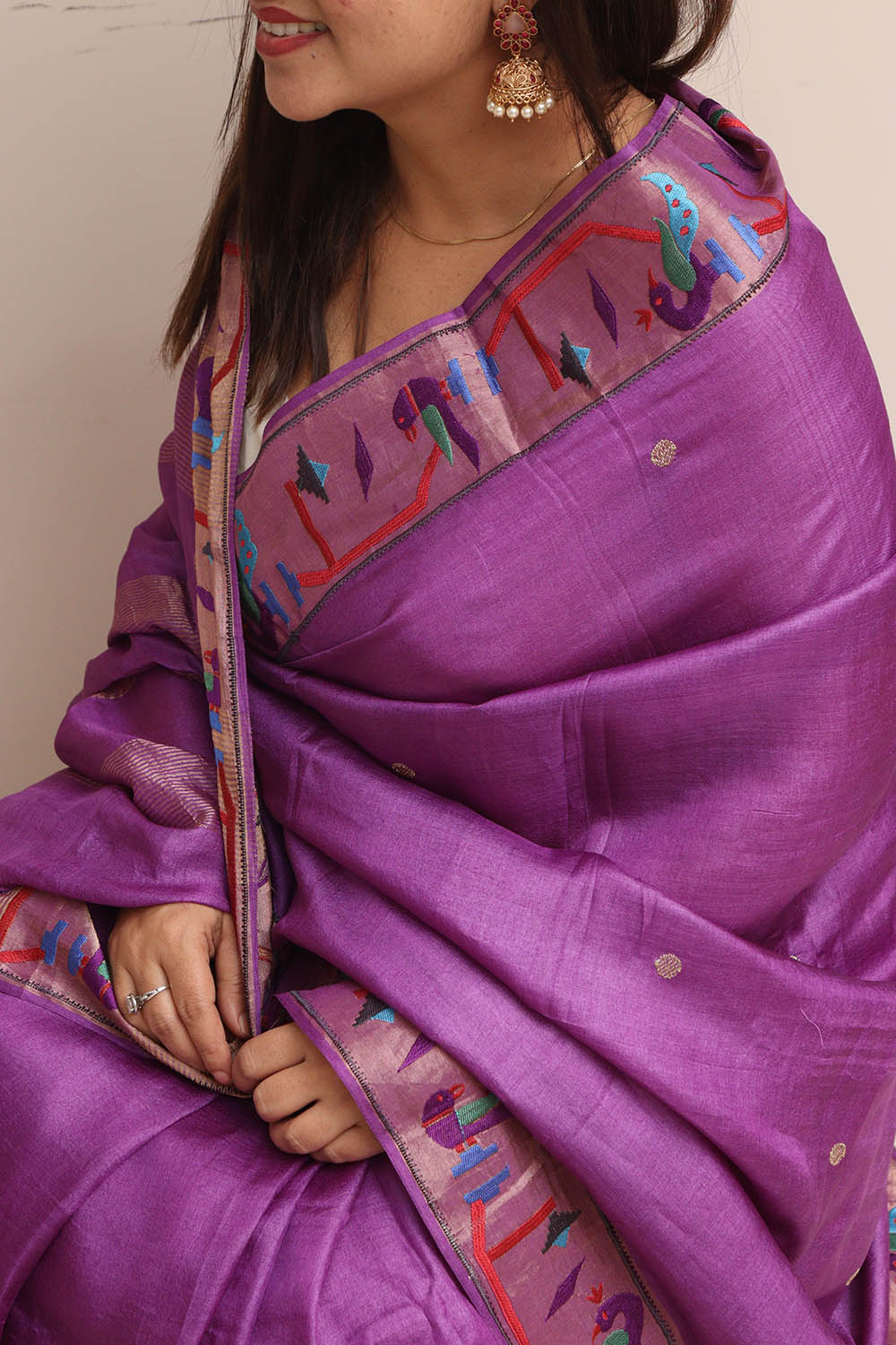 Purple Paithani Border Pure Tussar Silk Peacock Design Saree - Luxurion World