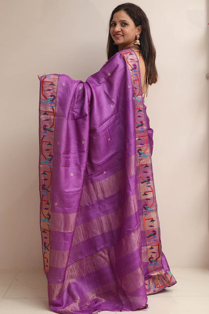 Purple Paithani Border Pure Tussar Silk Peacock Design Saree - Luxurion World