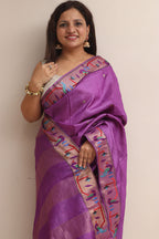 Purple Paithani Border Pure Tussar Silk Peacock Design Saree - Luxurion World
