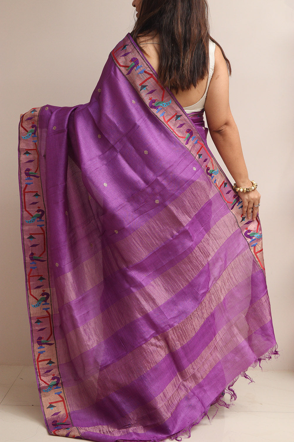 Purple Paithani Border Pure Tussar Silk Peacock Design Saree - Luxurion World