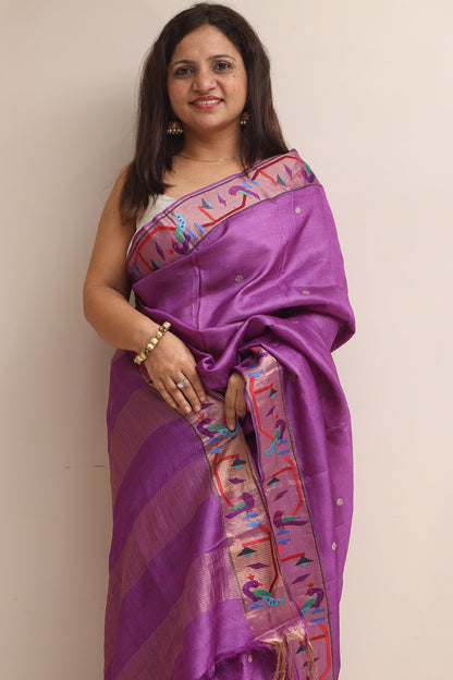 Purple Paithani Border Pure Tussar Silk Peacock Design Saree - Luxurion World