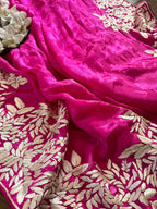 Pink Hand Embroidered Parsi Gara Crepe Floral Saree - Luxurion World