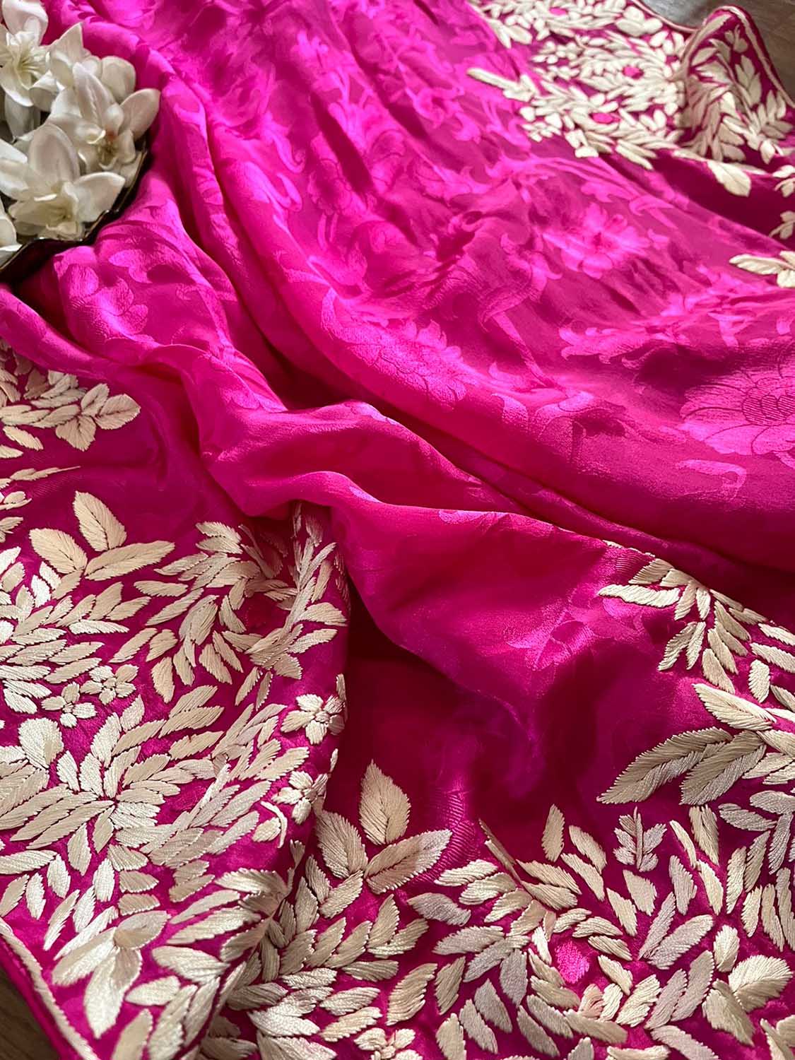 Pink Hand Embroidered Parsi Gara Crepe Floral Saree - Luxurion World