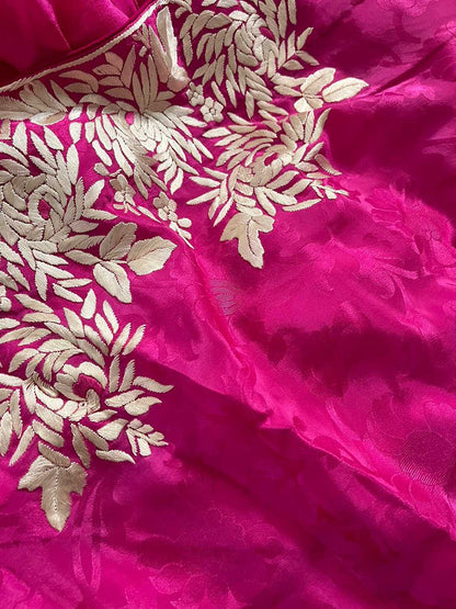 Pink Hand Embroidered Parsi Gara Crepe Floral Saree - Luxurion World