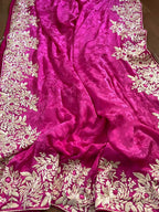 Pink Hand Embroidered Parsi Gara Crepe Floral Saree - Luxurion World