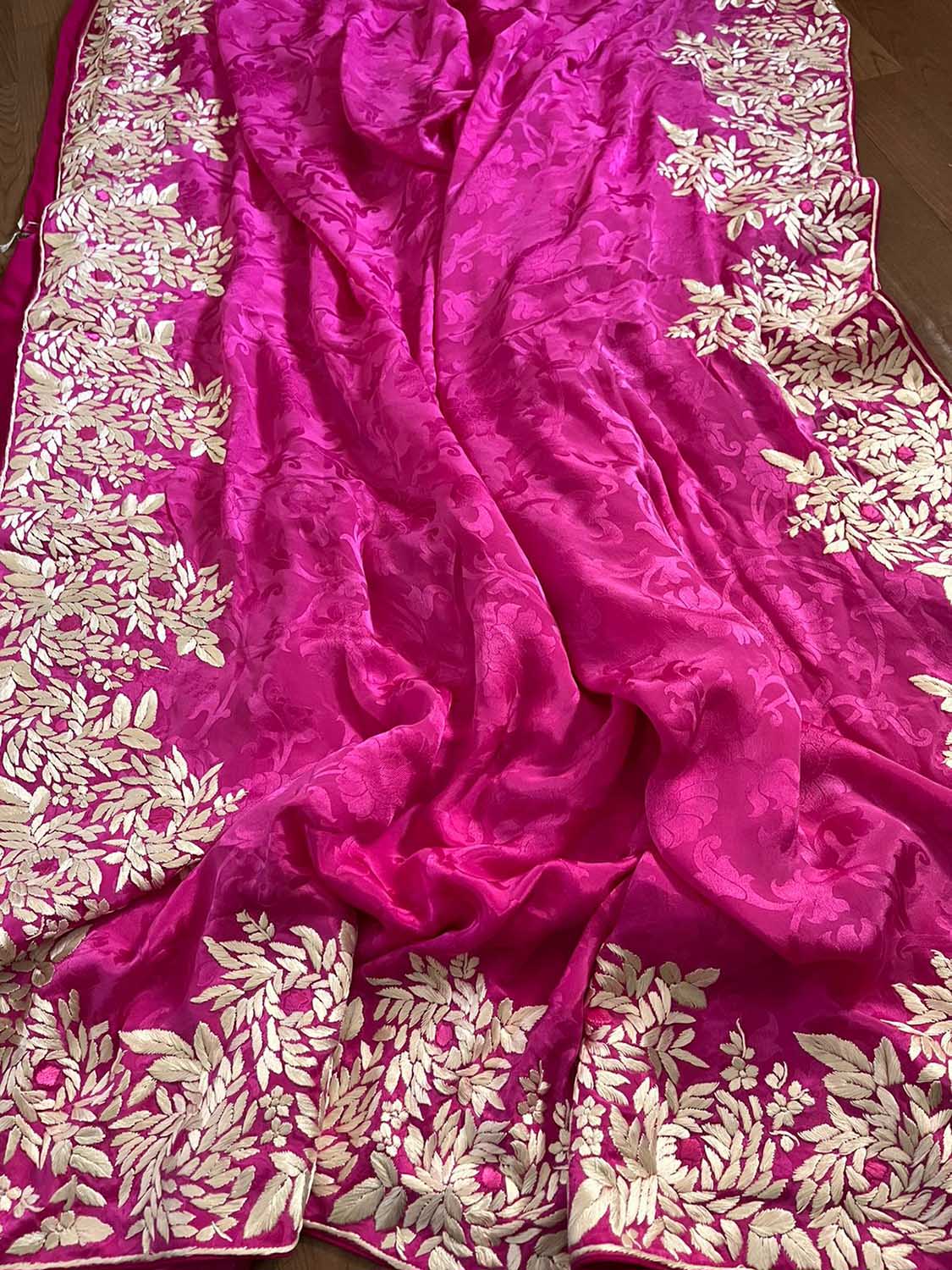 Pink Hand Embroidered Parsi Gara Crepe Floral Saree - Luxurion World