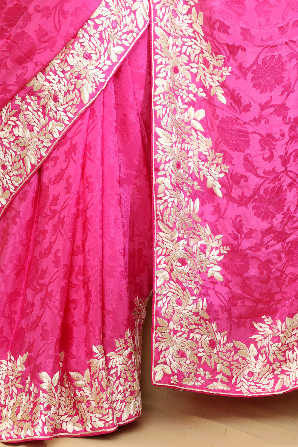 Pink Hand Embroidered Parsi Gara Crepe Floral Saree - Luxurion World