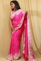 Pink Hand Embroidered Parsi Gara Crepe Floral Saree - Luxurion World
