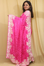 Pink Hand Embroidered Parsi Gara Crepe Floral Saree - Luxurion World