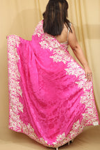 Pink Hand Embroidered Parsi Gara Crepe Floral Saree - Luxurion World