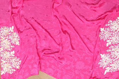 Pink Hand Embroidered Parsi Gara Crepe Floral Saree - Luxurion World