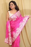 Pink Hand Embroidered Parsi Gara Crepe Floral Saree - Luxurion World