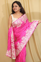 Pink Hand Embroidered Parsi Gara Crepe Floral Saree - Luxurion World