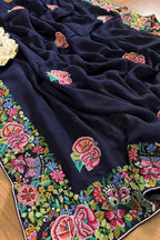 Exquisite Blue Hand Embroidered Parsi Gara Georgette Petit Point Saree - Luxurion World