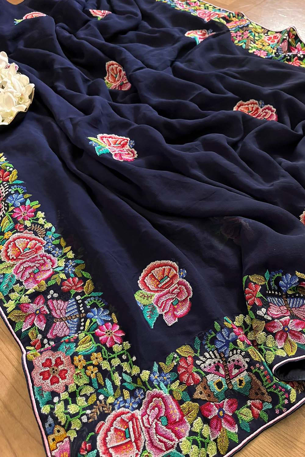 Exquisite Blue Hand Embroidered Parsi Gara Georgette Petit Point Saree - Luxurion World