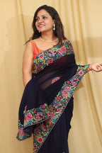 Exquisite Blue Hand Embroidered Parsi Gara Georgette Petit Point Saree - Luxurion World