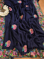Exquisite Blue Hand Embroidered Parsi Gara Georgette Petit Point Saree - Luxurion World